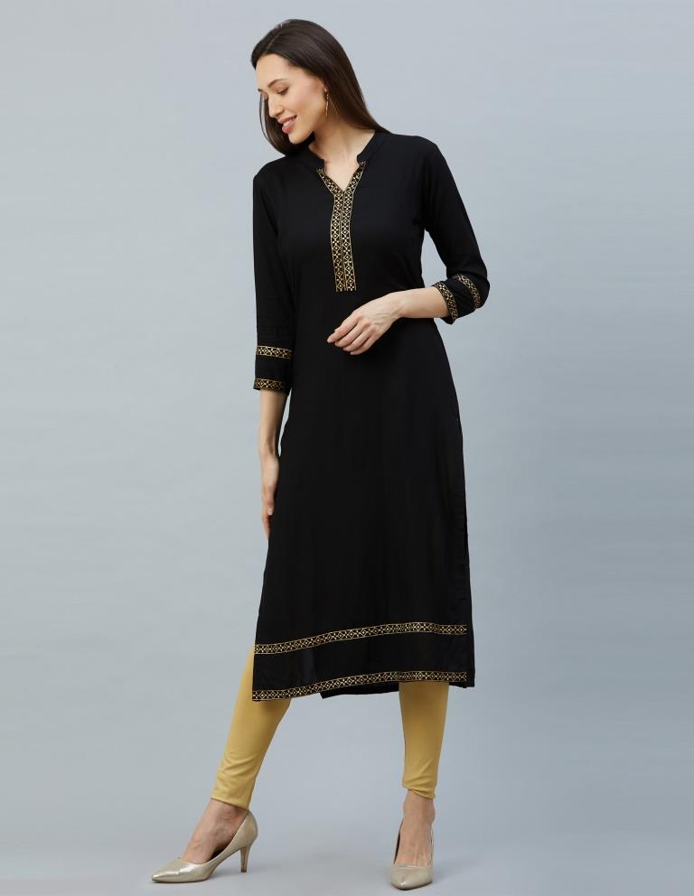 Versatile Black Coloured Laced, Foil Print Rayon Kurti | Leemboodi