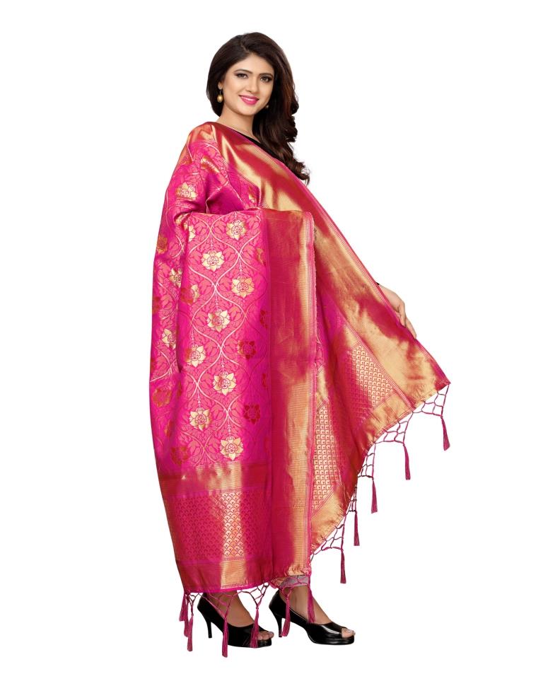 Enriching Pink Coloured Poly Silk Jacquard Banarasi Dupatta | Leemboodi