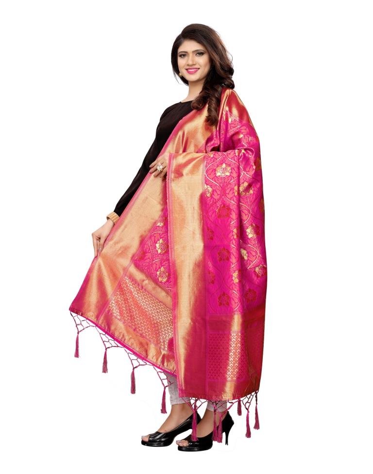 Enriching Pink Coloured Poly Silk Jacquard Banarasi Dupatta | Leemboodi