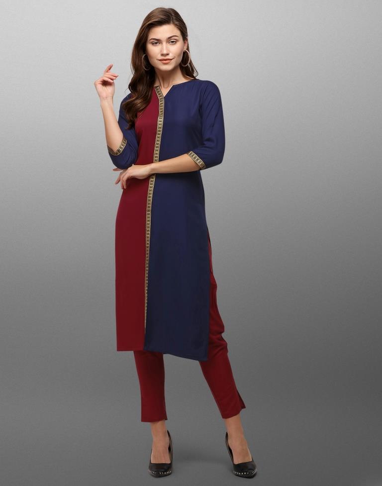 Navy blue colour rayon silk kurti with beautiful aari embroidery gives