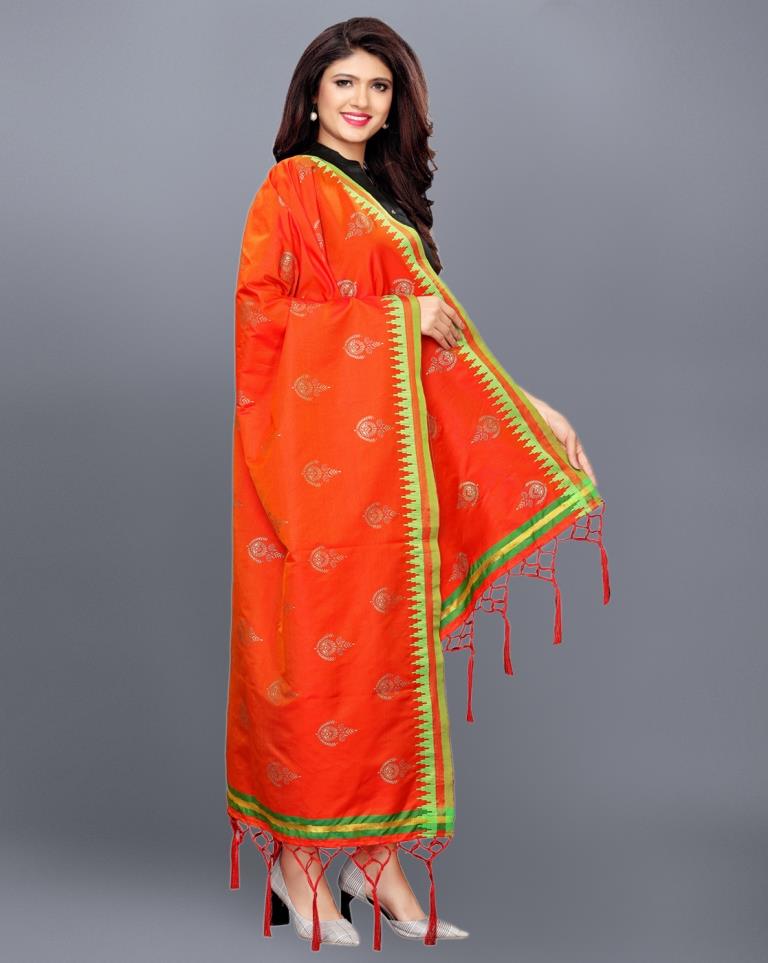 Orange Coloured Poly Silk Jacquard Dupatta | Leemboodi