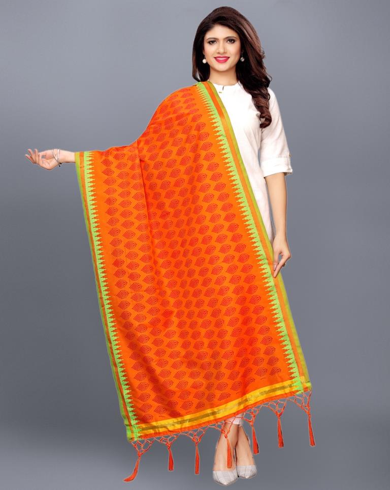Orange Coloured Poly Silk Jacquard Printed Dupatta | Leemboodi