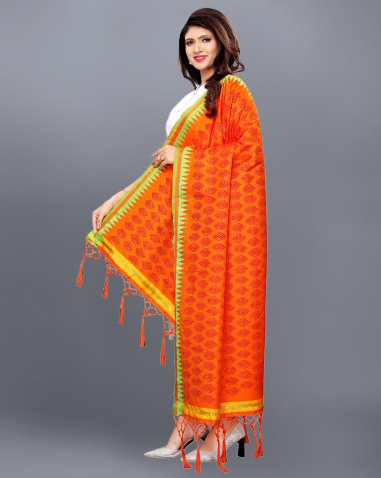 Orange Coloured Poly Silk Jacquard Printed Dupatta | Leemboodi