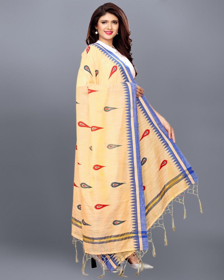 Beige Coloured Cotton Silk Jacquard Printed Dupatta | Leemboodi