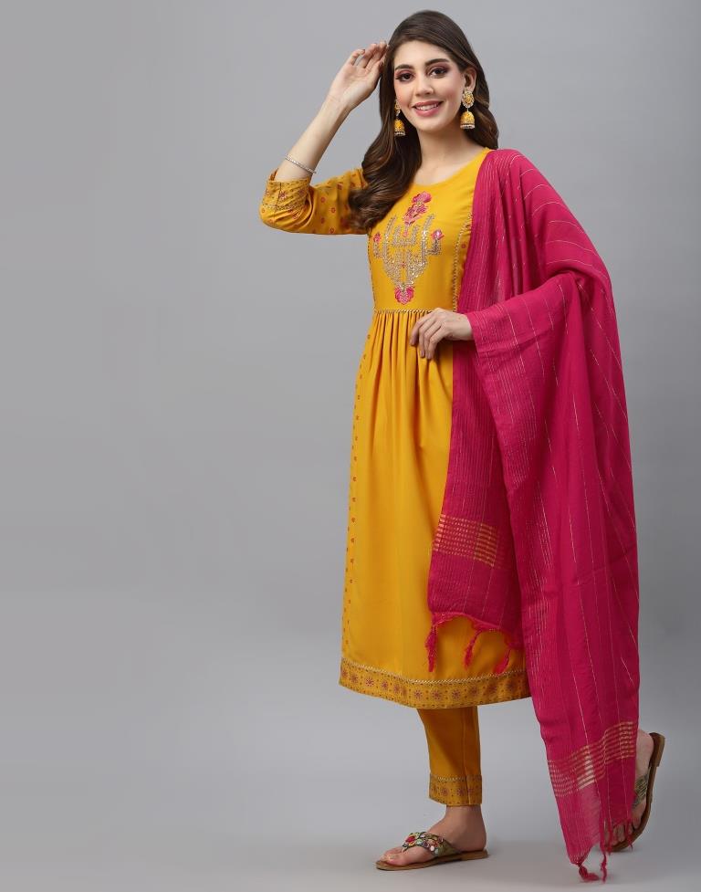 Yellow Kurti With Pant And Dupatta | Leemboodi