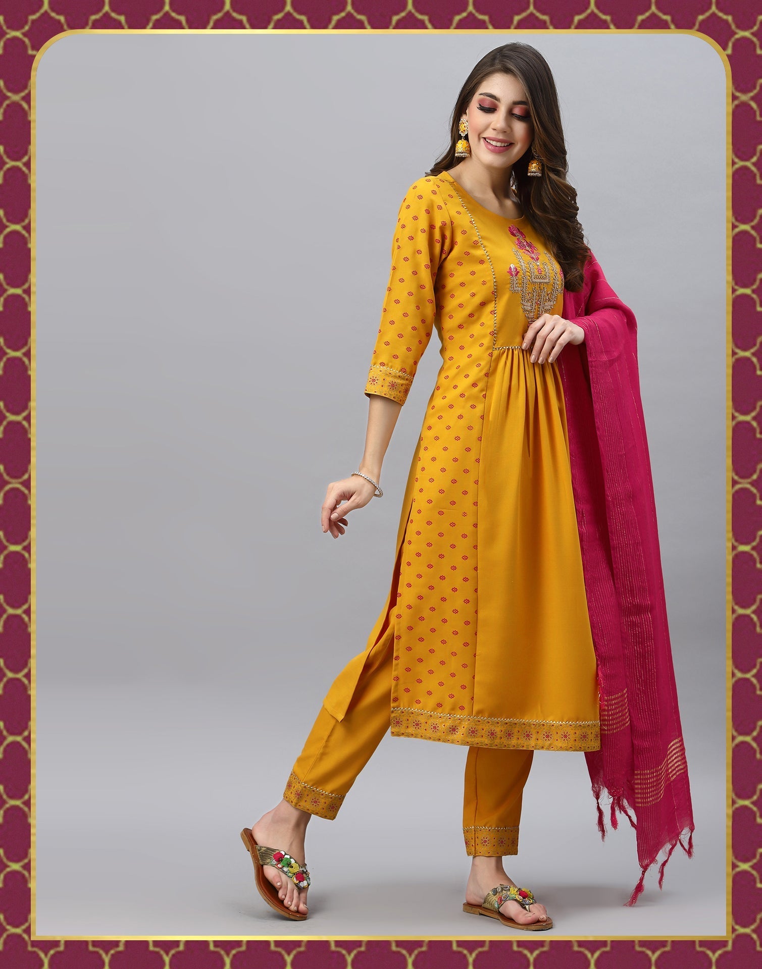 Yellow Kurti With Pant And Dupatta | Leemboodi