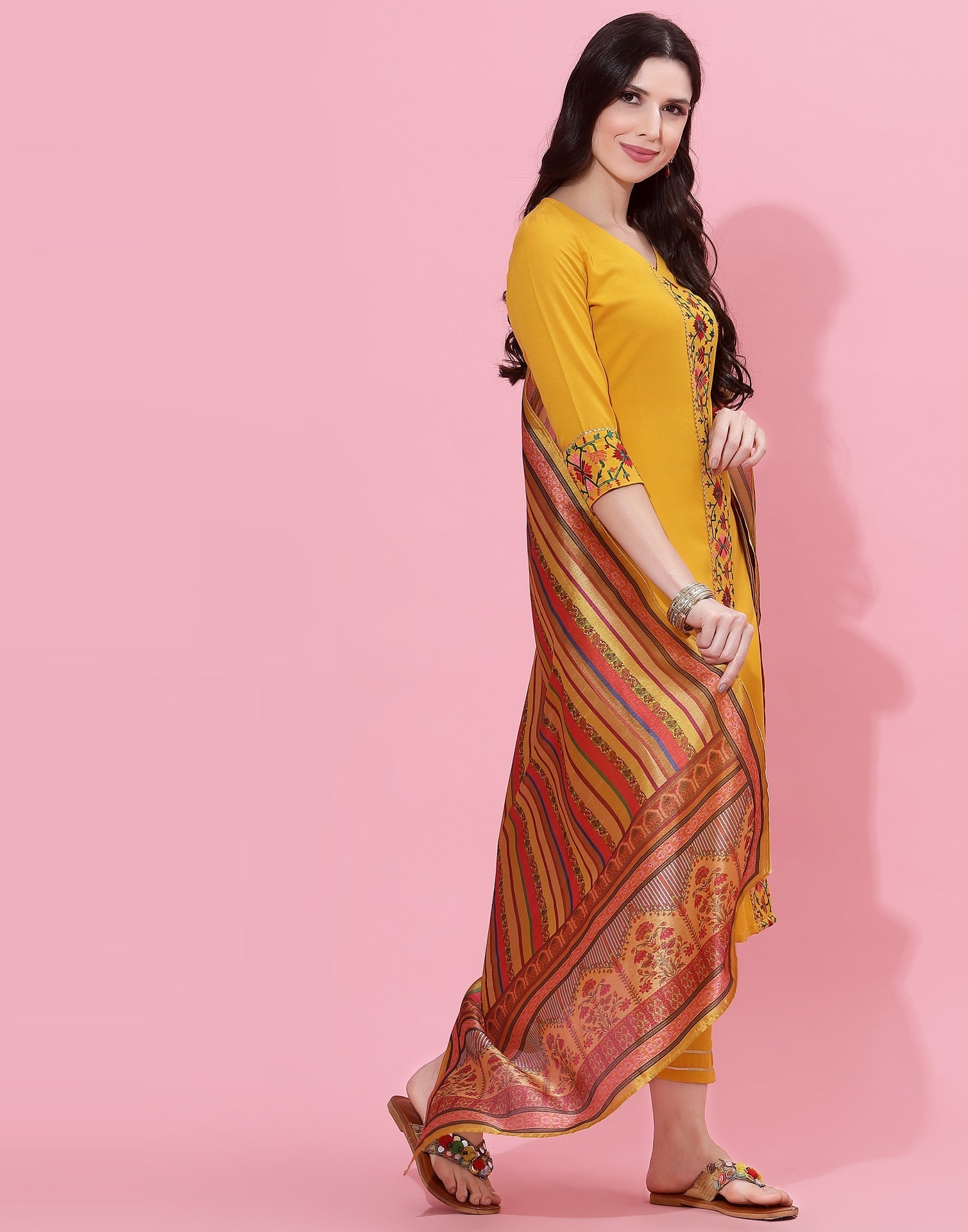 Mustard Kurti With Pant And Dupatta | Leemboodi