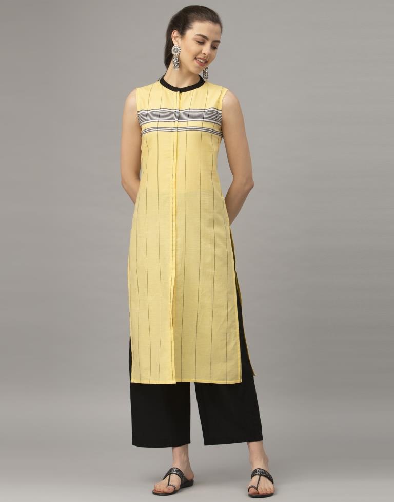 Yellow Self Woven Cotton  Kurti | Leemboodi