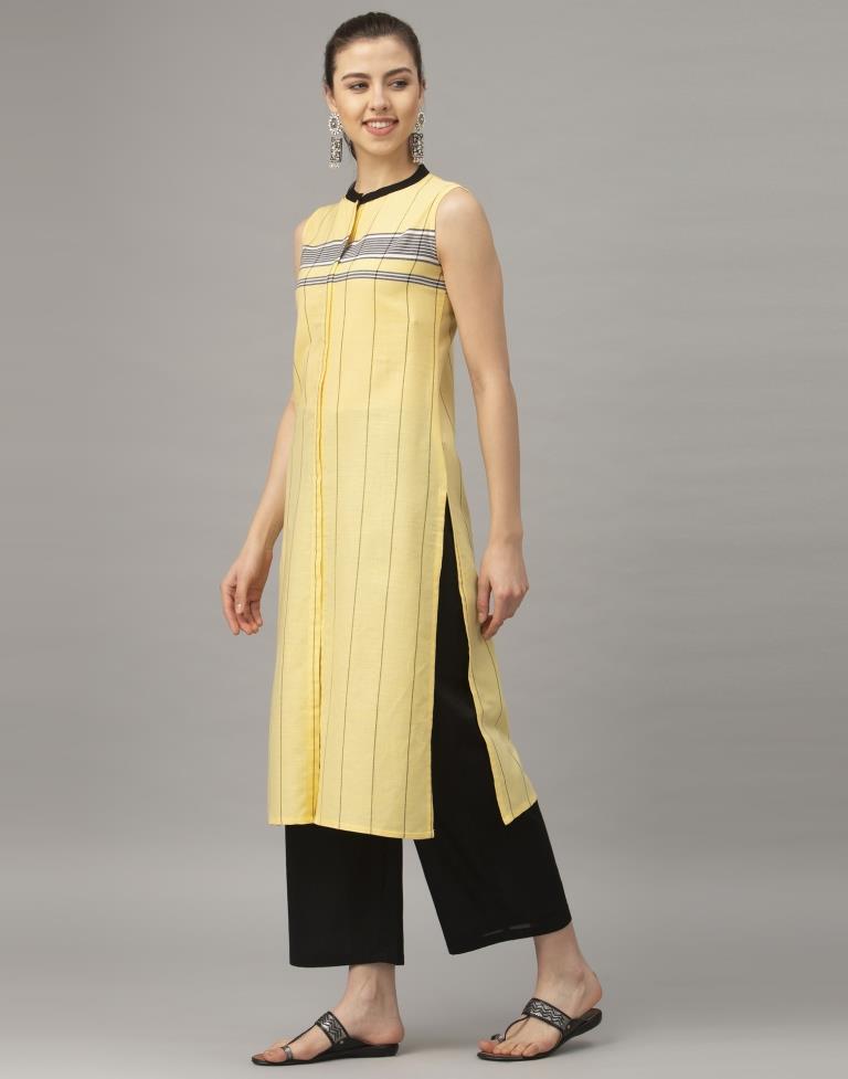 Yellow Self Woven Cotton  Kurti | Leemboodi