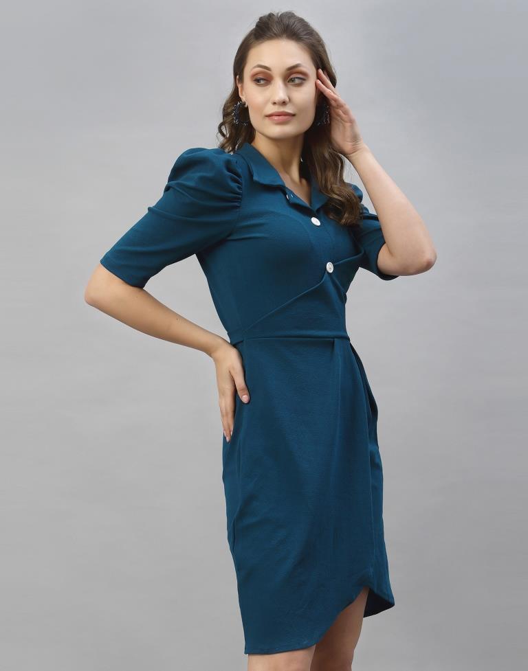 Prussian Blue Puff Sleeve Collared Dress | Leemboodi