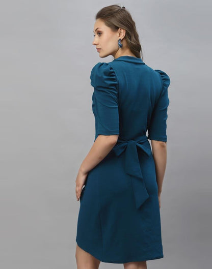 Prussian Blue Puff Sleeve Collared Dress | Leemboodi