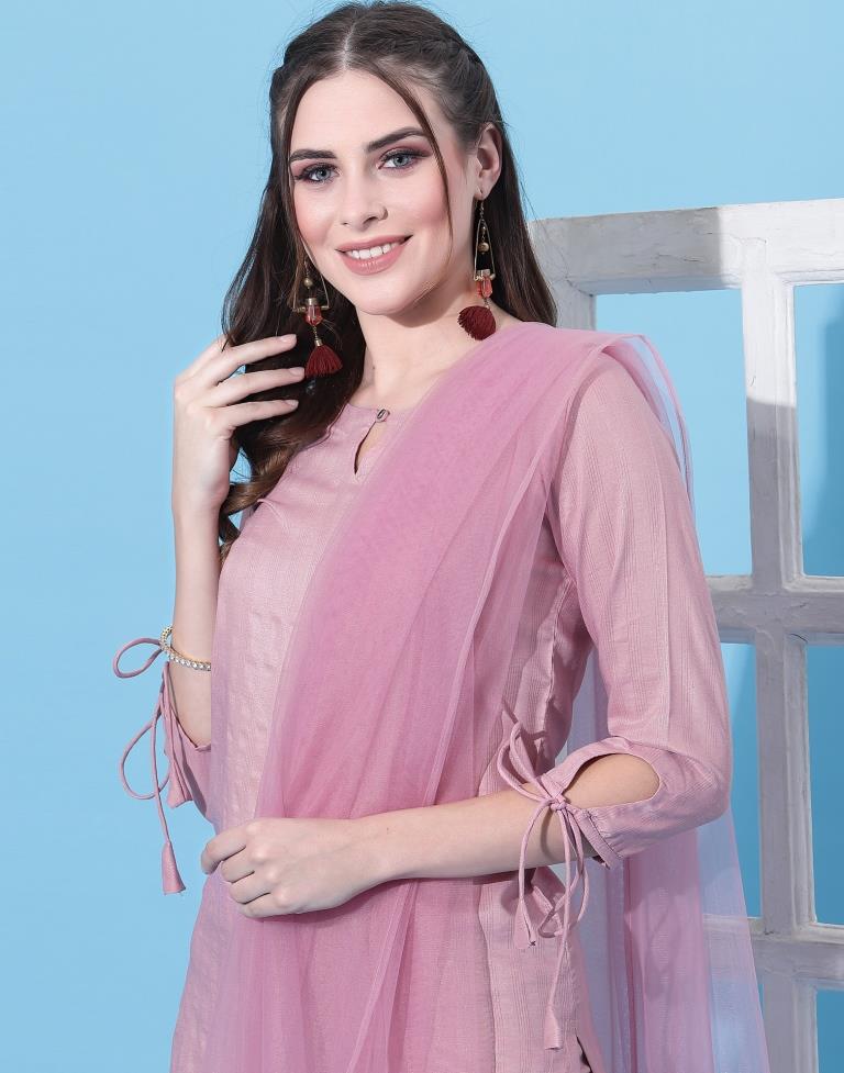 Striped pink kurti with embroidery and matching dupatta - Gaaba