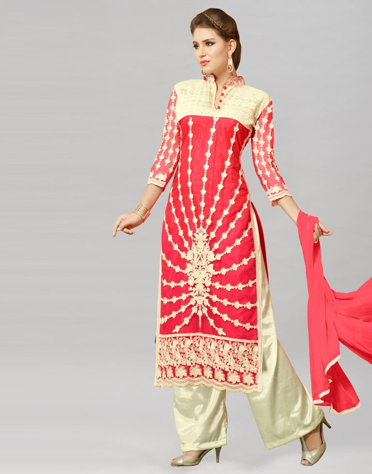 Pink Georgette Embroidered Unstitched Salwar Suit | Leemboodi