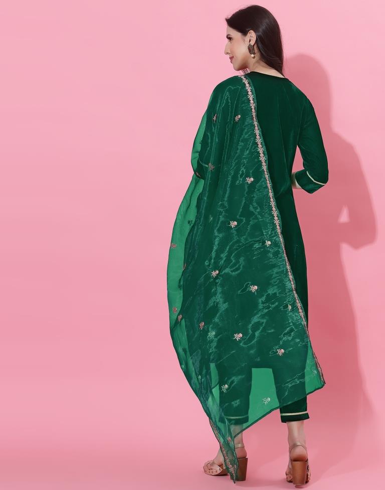 Green Embroidered Art Silk Kurti Pant Set