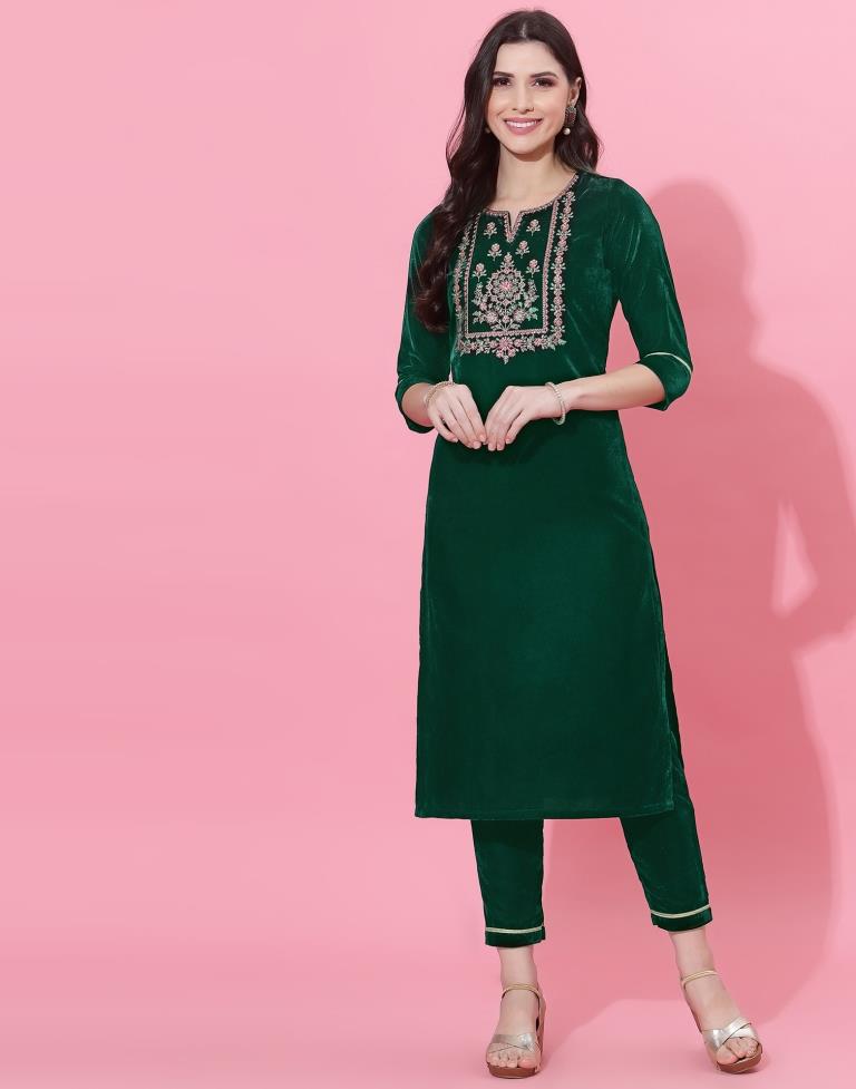 Dark Green Kurti With Pant And Dupatta | Leemboodi