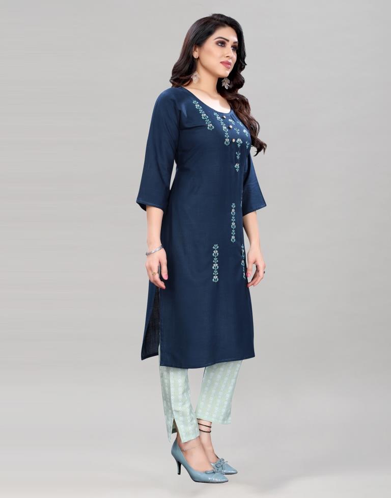 Blue Embroidered Kurti | Leemboodi