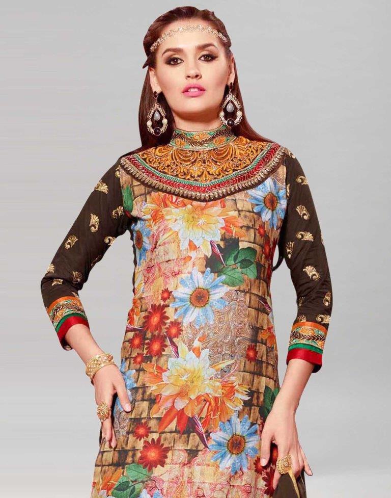 Brown Cotton Printed Embroidered Unstitched Salwar Suit | Leemboodi