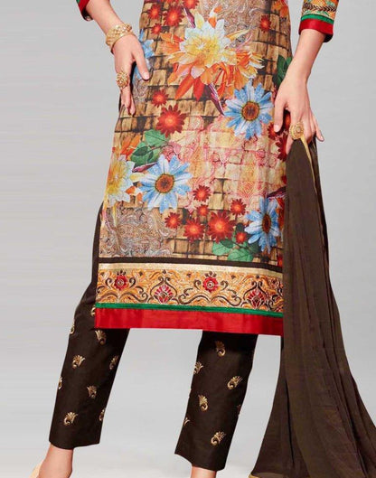 Brown Cotton Printed Embroidered Unstitched Salwar Suit | Leemboodi