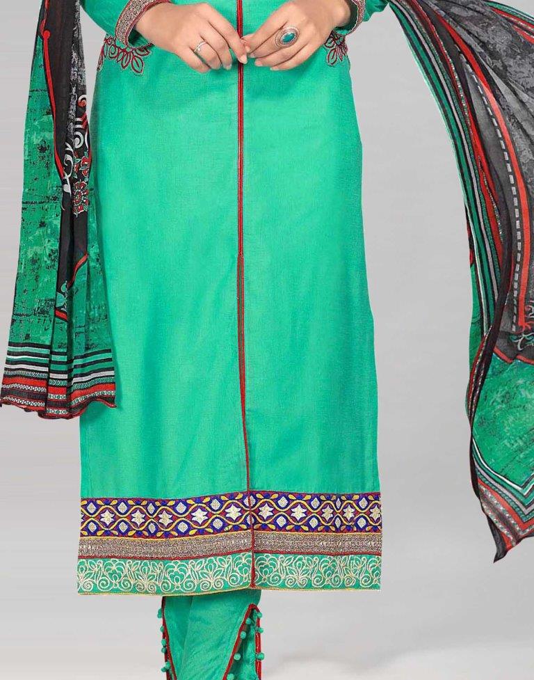 Green Glace Cotton Embroidered Unstitched Salwar Suit | Leemboodi