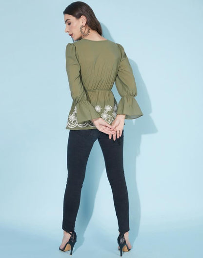 Olive Green Embroidered Top | Leemboodi