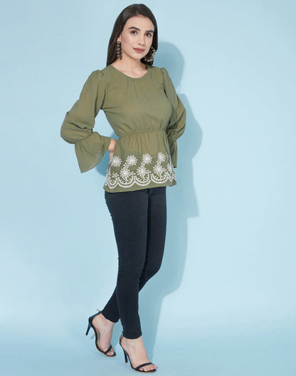 Olive Green Embroidered Top | Leemboodi