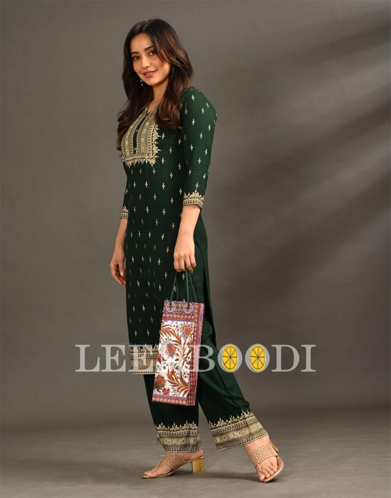 Bottle Green Coloured Rayon Foil Printed Kurti With Palazzo | Leemboodi