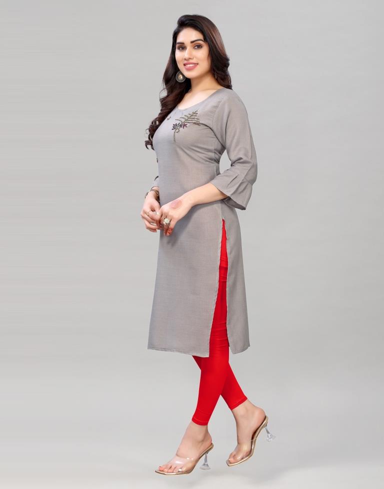 Grey Coloured Embroidered Diva Slub Kurti | Leemboodi