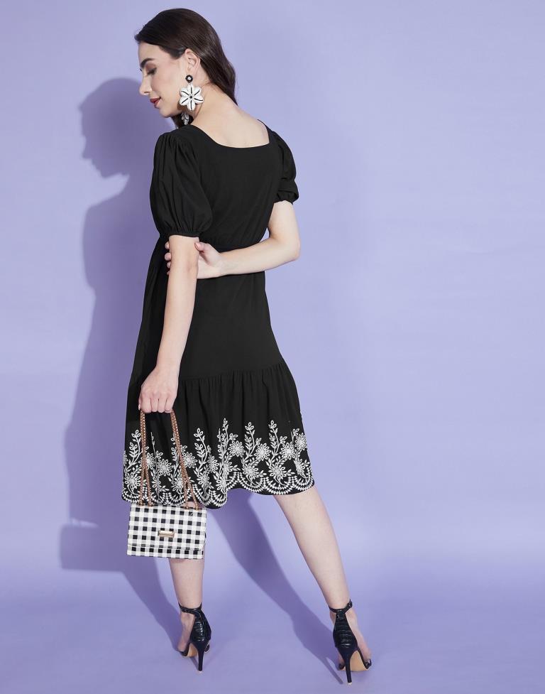 Black Embroidered A-line Dress | Leemboodi