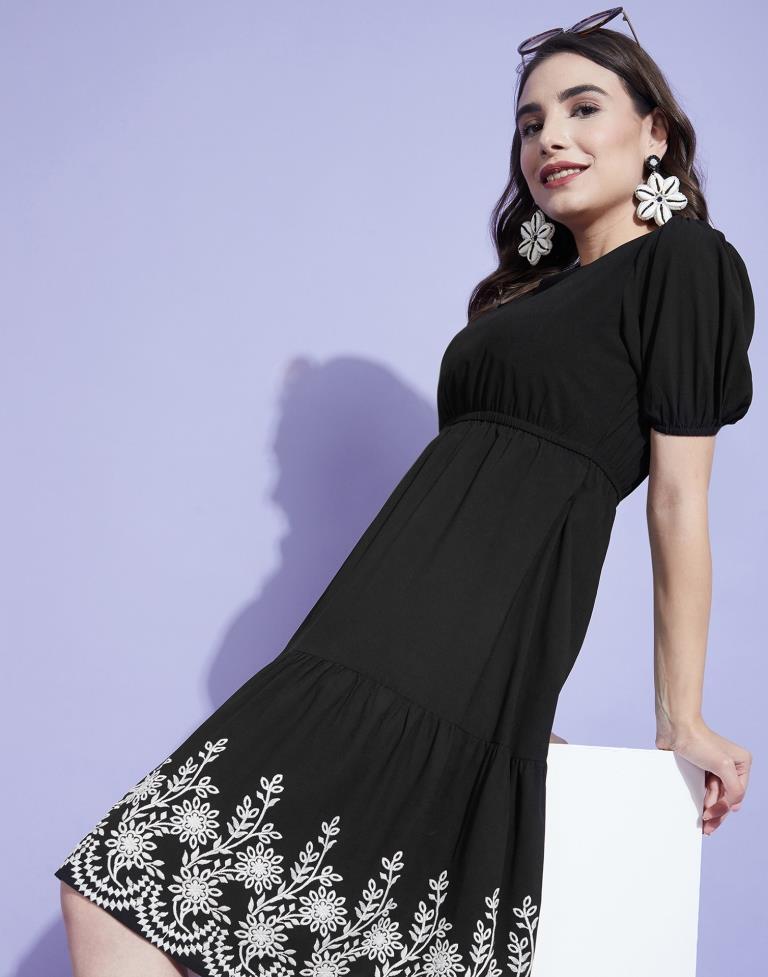 Black Embroidered A-line Dress | Leemboodi