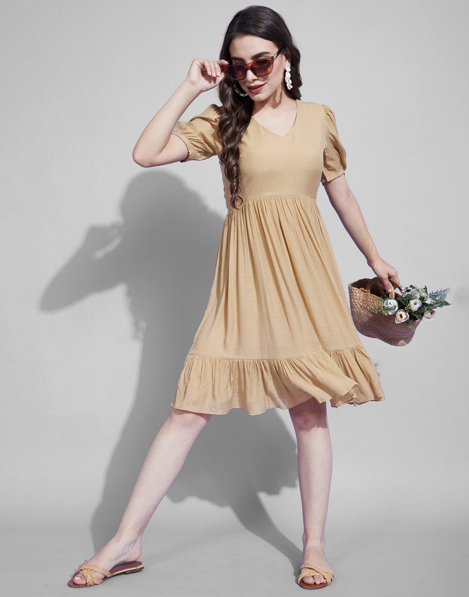 Beige Fit And Flared mini Dress | Leemboodi