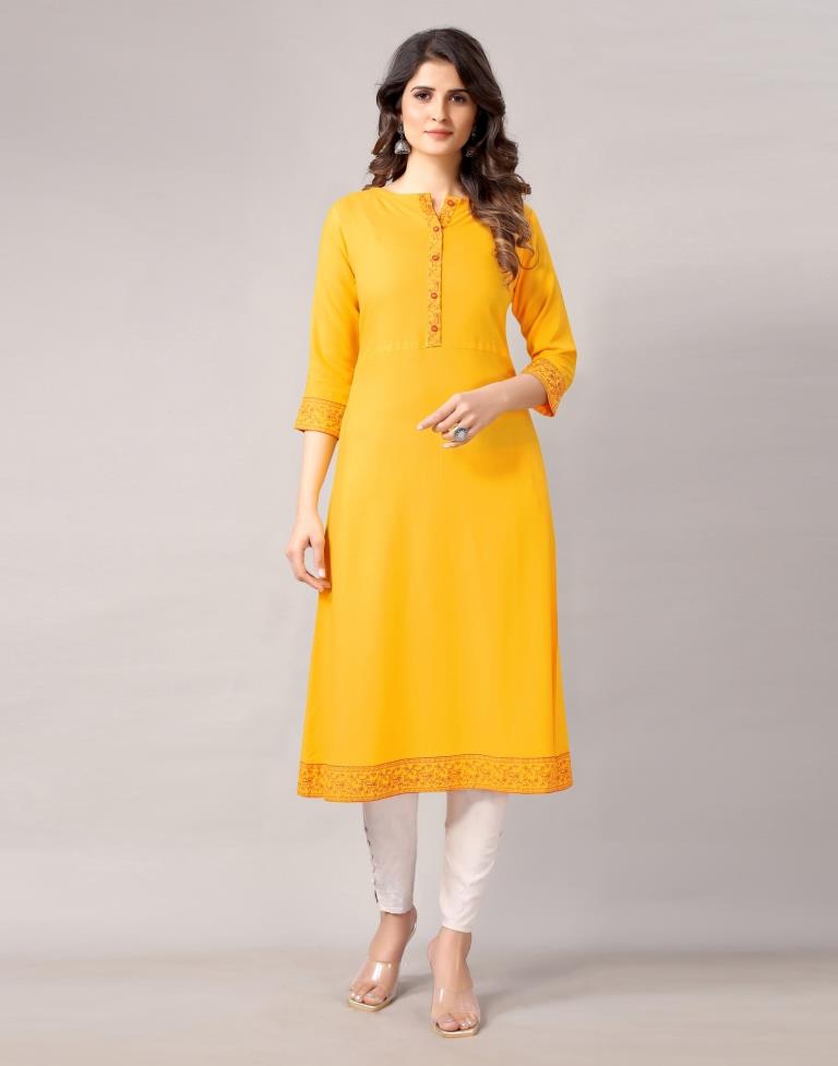 560 - Yellow Fashionable Cotton katha A-line Kurti