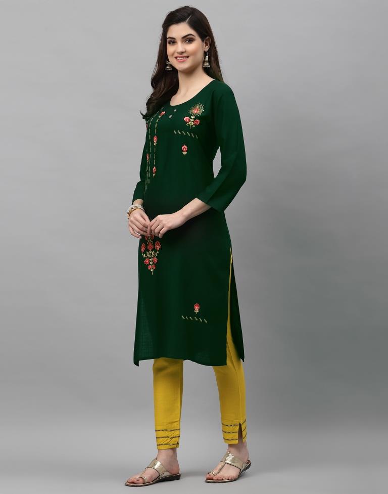 Bottle Green Embroidered Kurti | Leemboodi