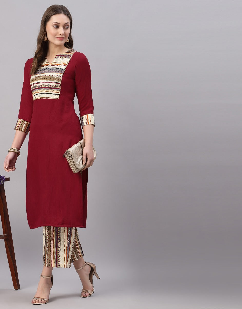 Maroon Cotton Flex Kurta With Embroidery at Soch