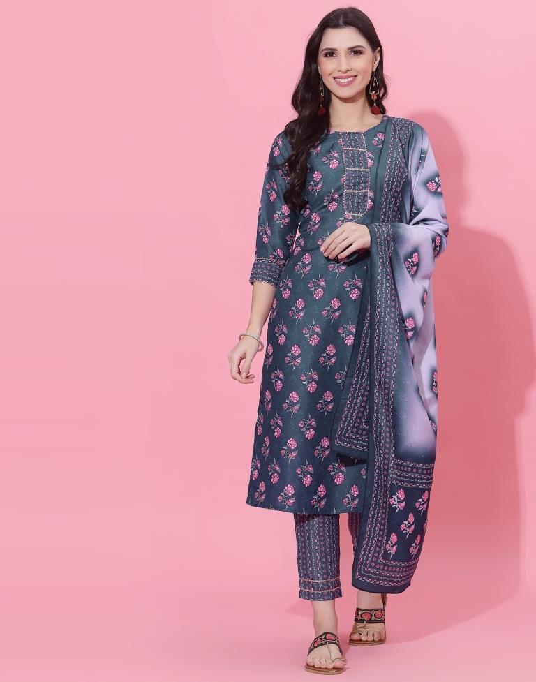 Dark Blue Kurti With Pant And Dupatta | Leemboodi