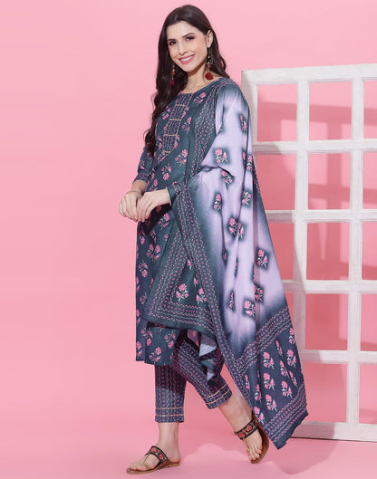 Dark Blue Kurti With Pant And Dupatta | Leemboodi