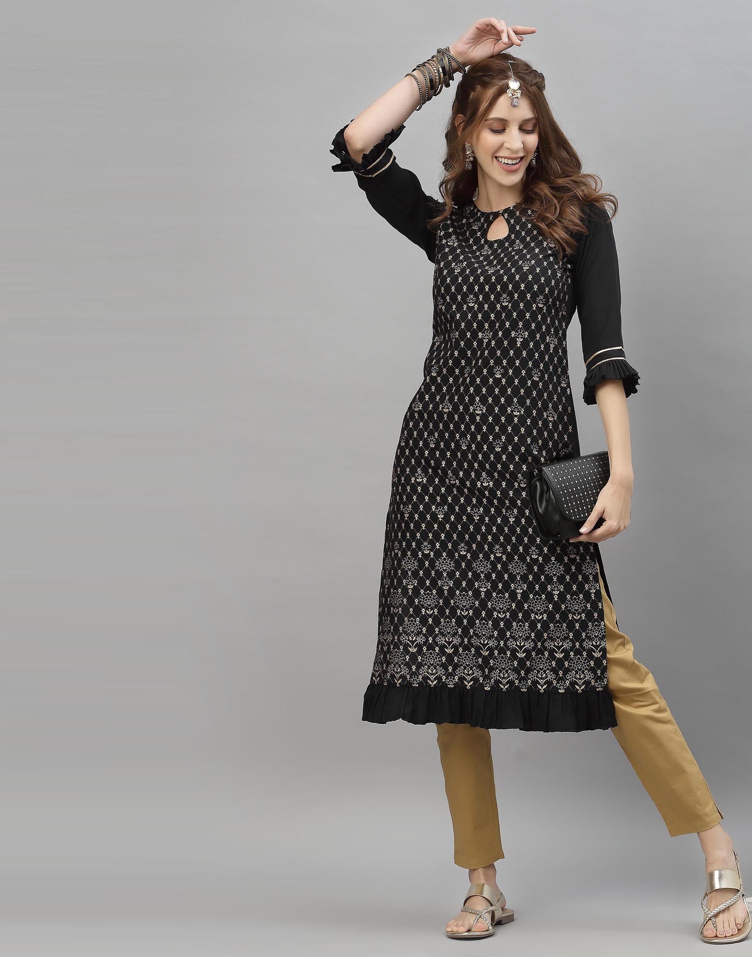 Buy Black Printed Asymmetric Kurti After Six Wear Online at Best Price |  Cbazaar