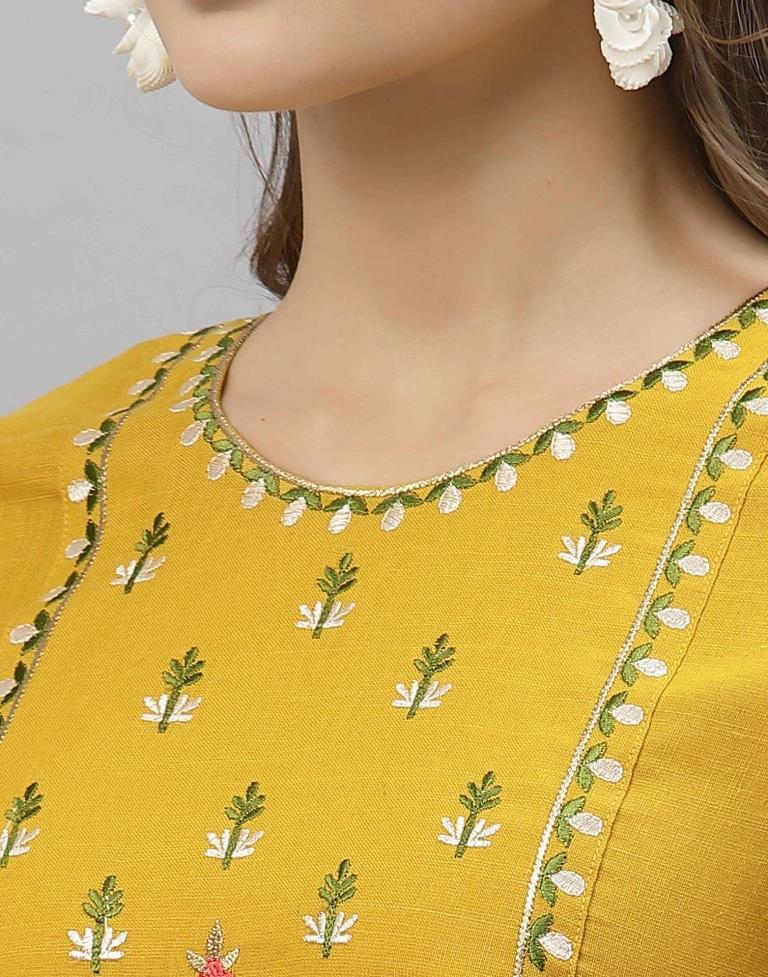 Yellow Embroidered Kurti | Leemboodi