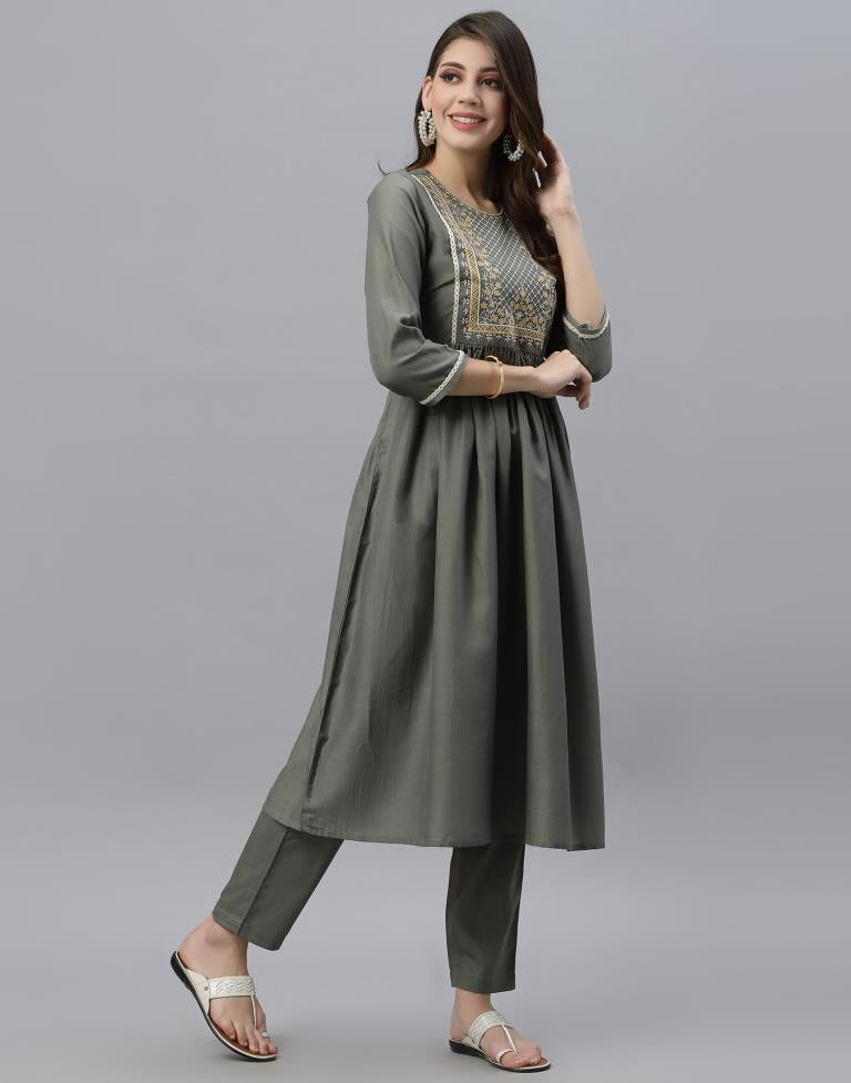 Loom Grey Color With Single Side Multi Color Embroidery Work Straight Kurta  For Women
