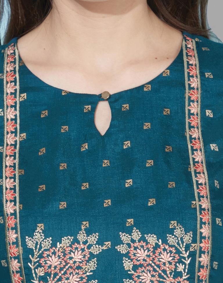 Teal Embroidered Kurti | Leemboodi