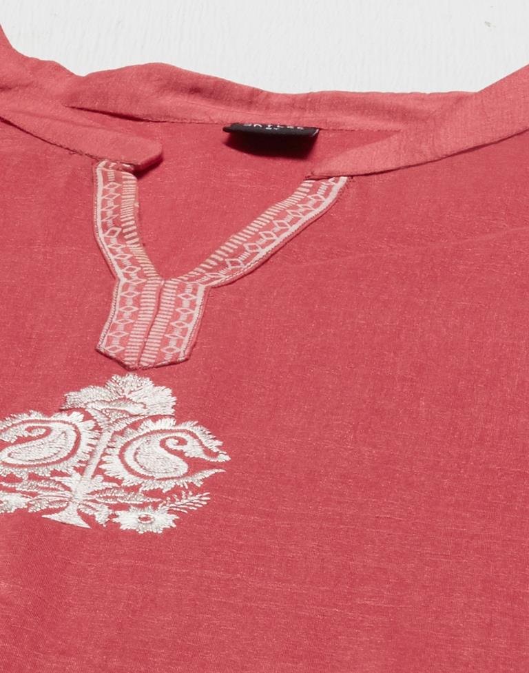 Coral Pink Embroidered Kurti | Leemboodi