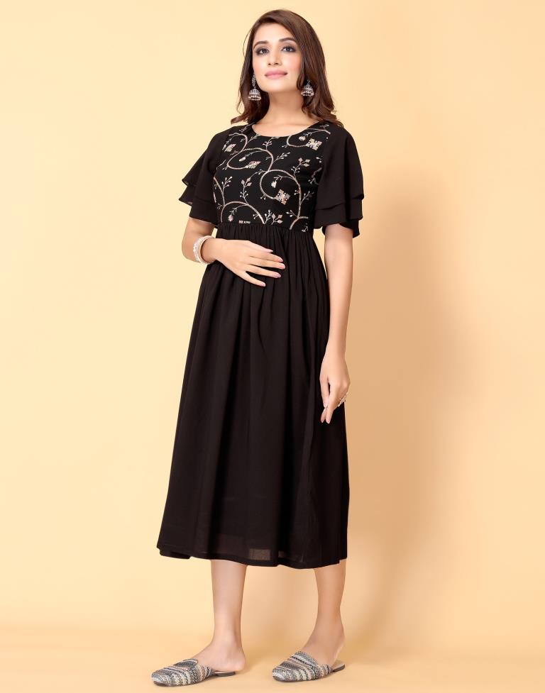 Black Rayon Printed Flared Long Kurti | Bandhani-4007 | Cilory.com