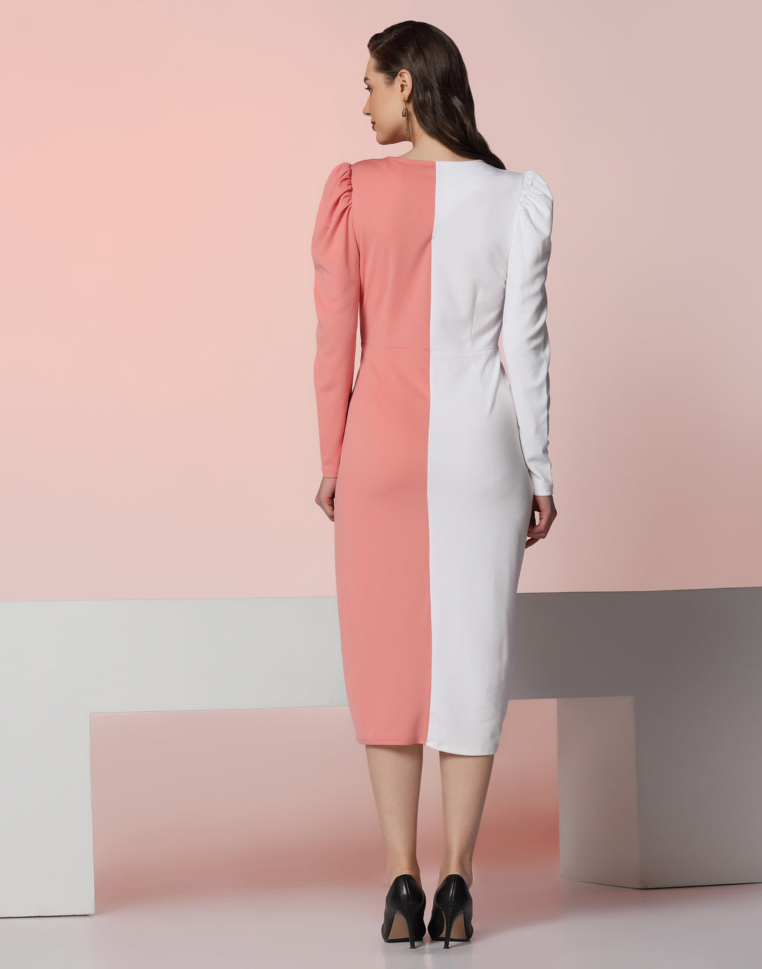 White &amp; Peach Lycra Color block  Dress | Leemboodi