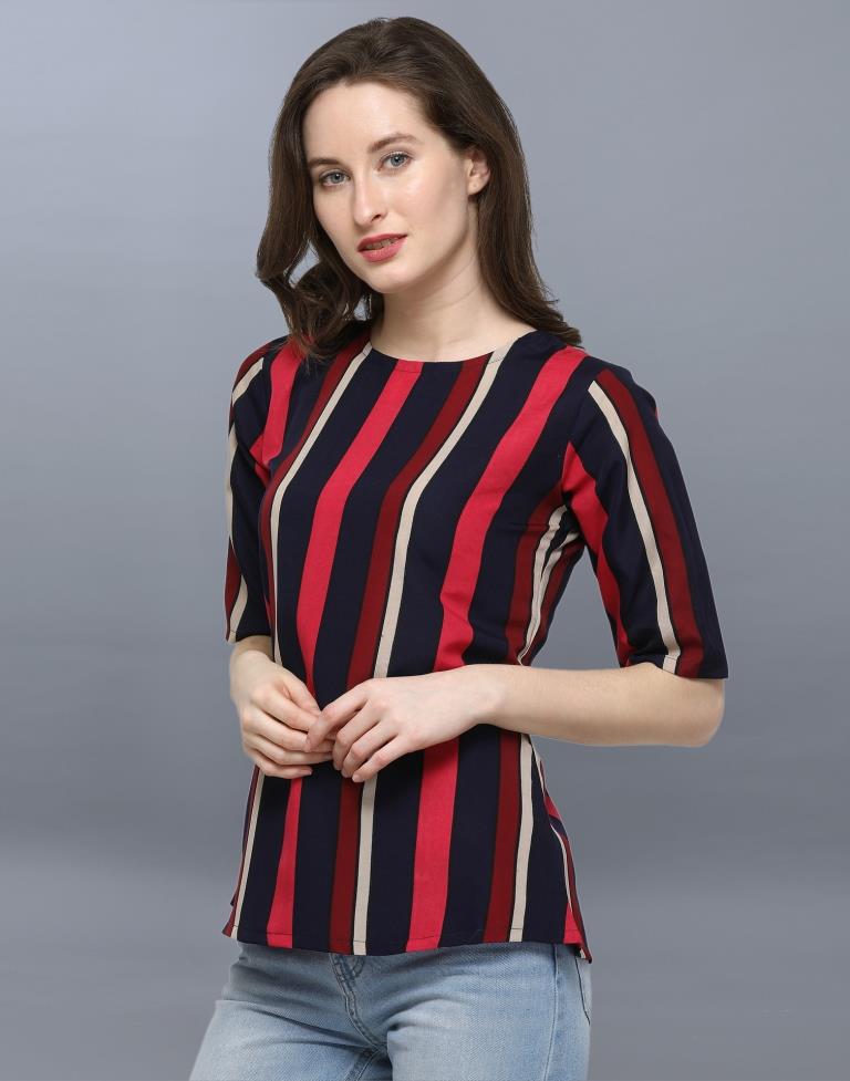 Enticing Navy Blue Coloured Printed Crepe Tops | Leemboodi
