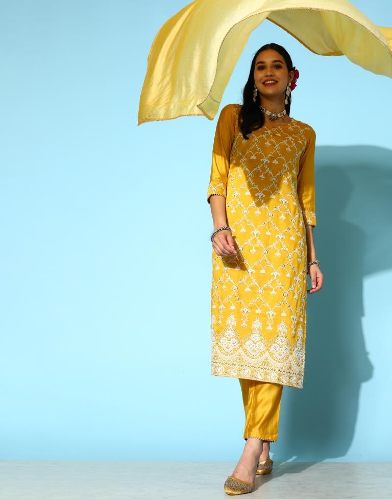 Yellow Kurti With Pant And Dupatta | Leemboodi