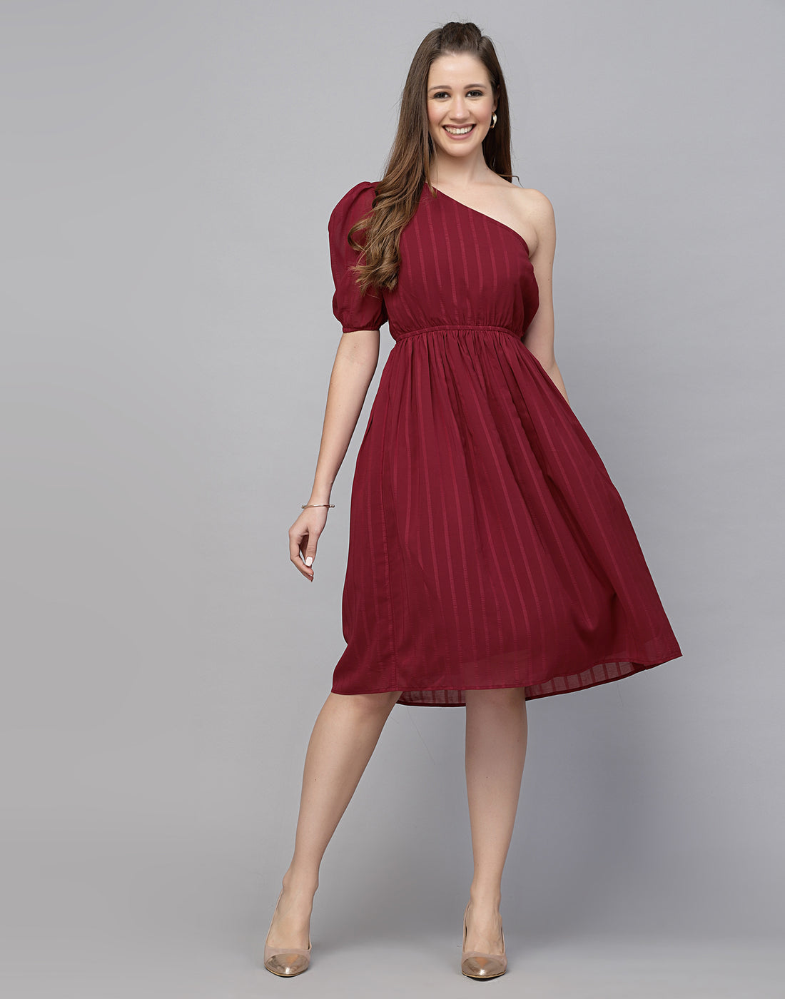 Red Chiffon One shoulder  Dress | Leemboodi