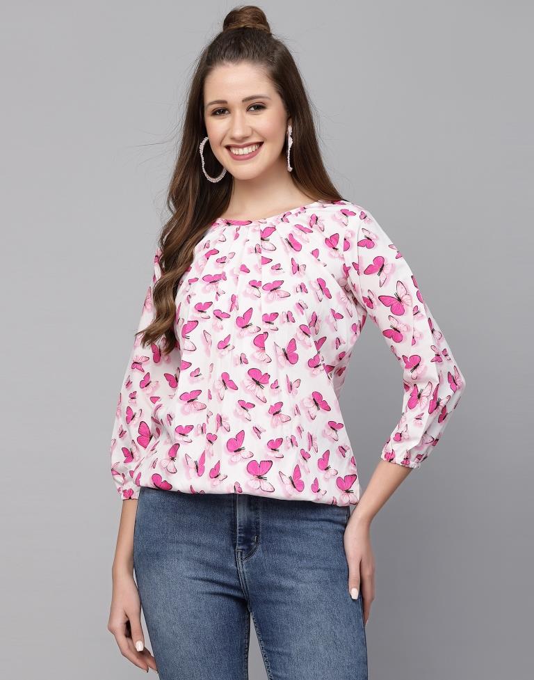 White &amp; Pink Printed Top | Leemboodi