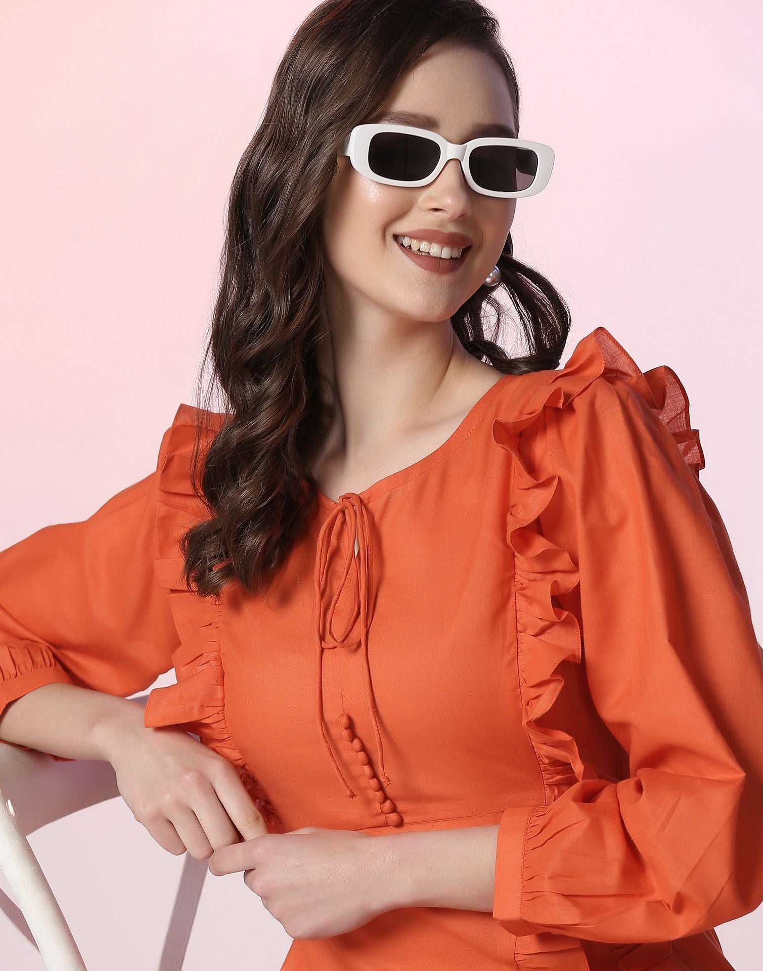 Orange Detailed Ruffle Dress | Leemboodi