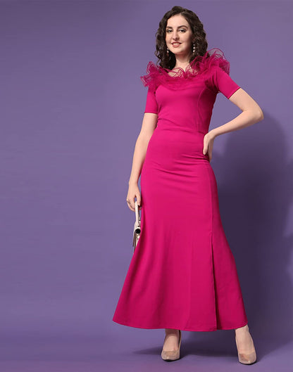 Pink Ruffle Sleeves Slit Dress | Leemboodi