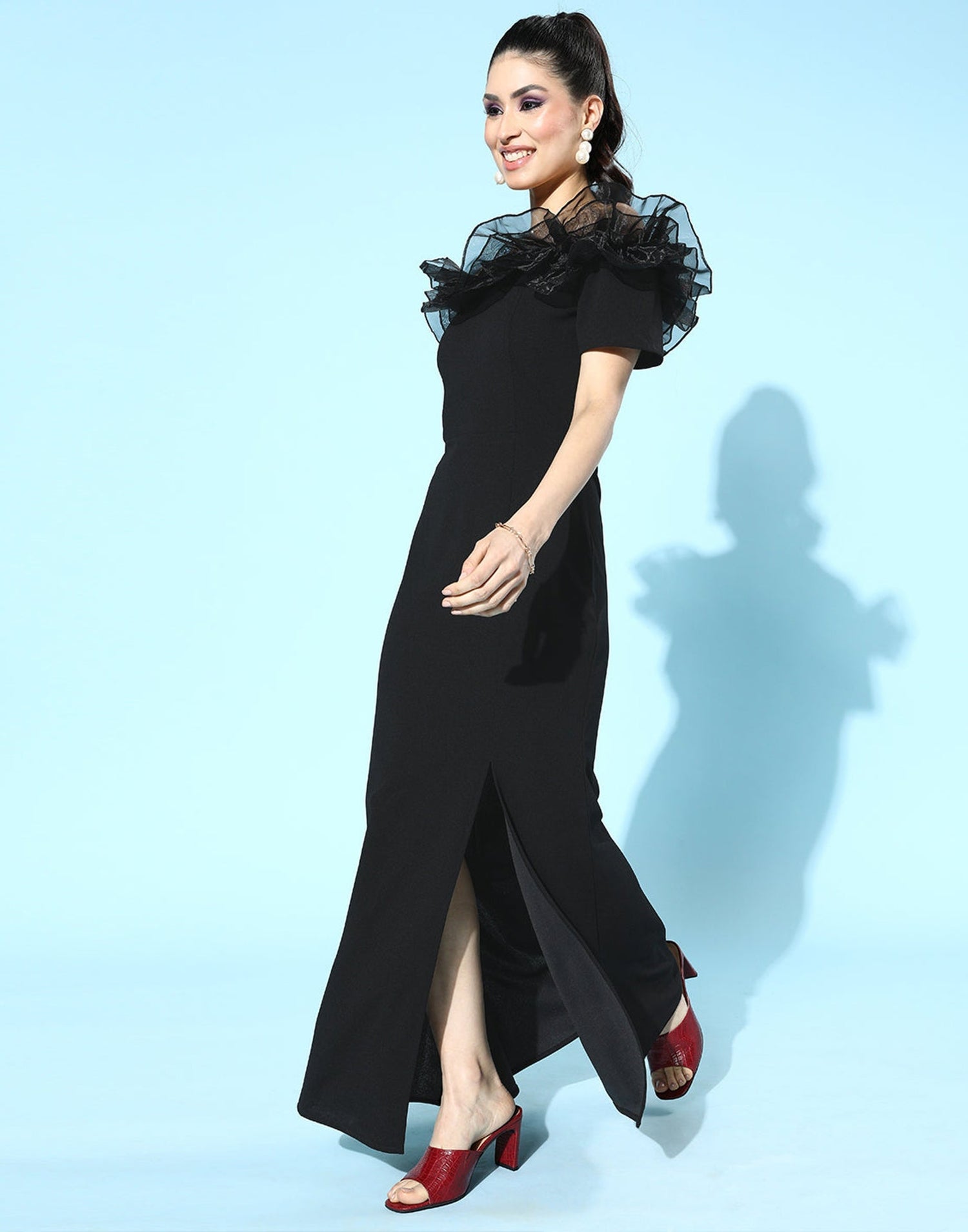 Black Ruffle Sleeves Slit Dress | Leemboodi