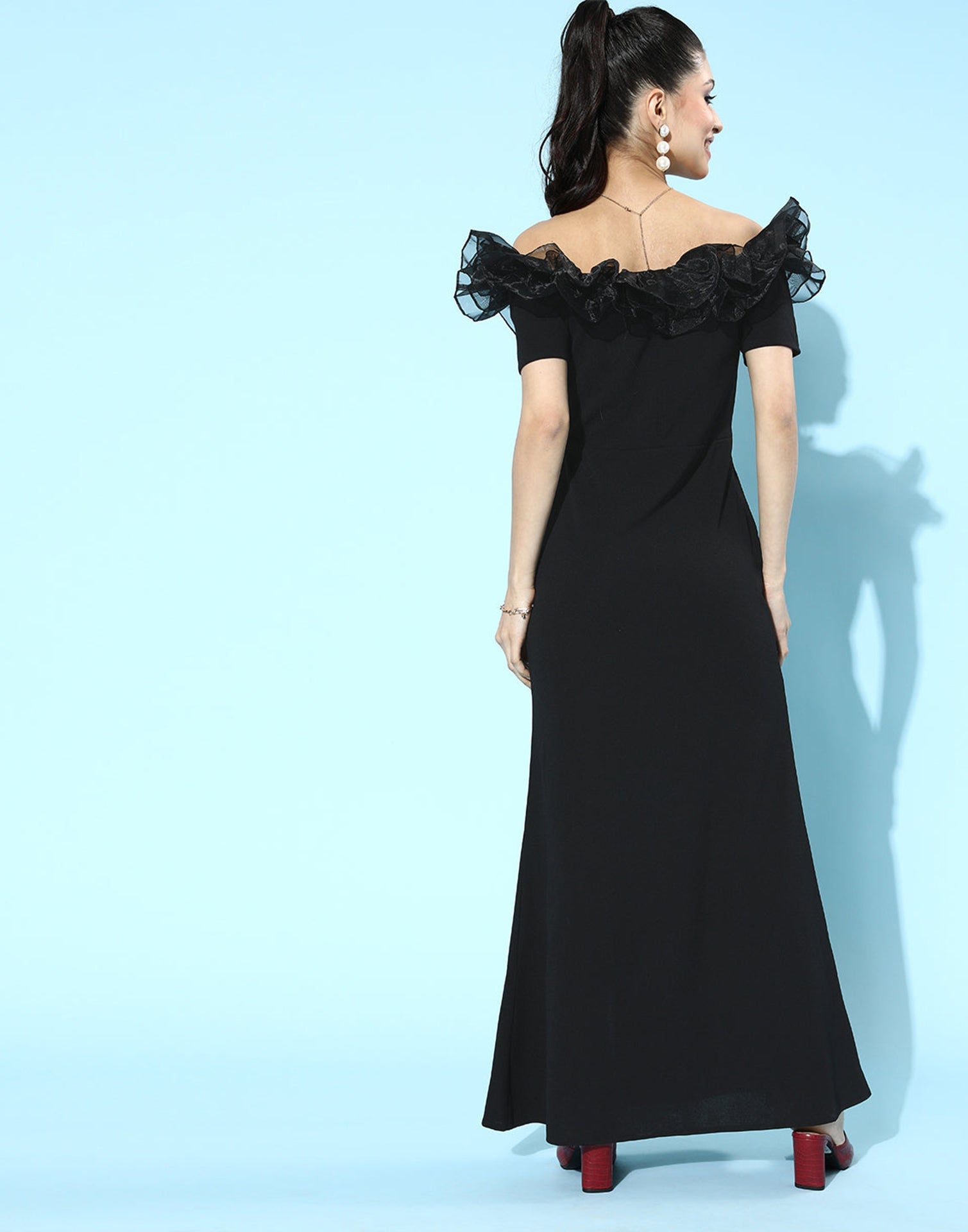 Black Ruffle Sleeves Slit Dress | Leemboodi